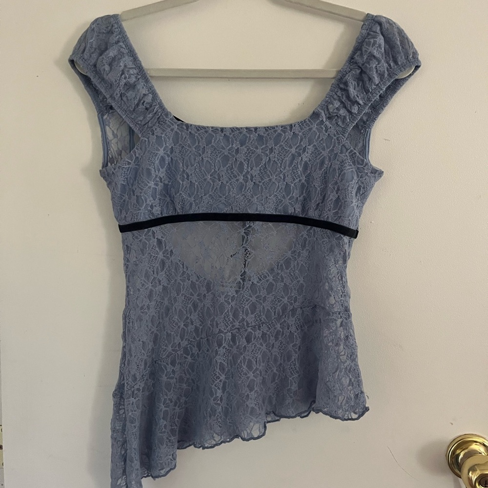 Kimchi Blue Lavender Lace Square Neck Peplum Top with Black Trim